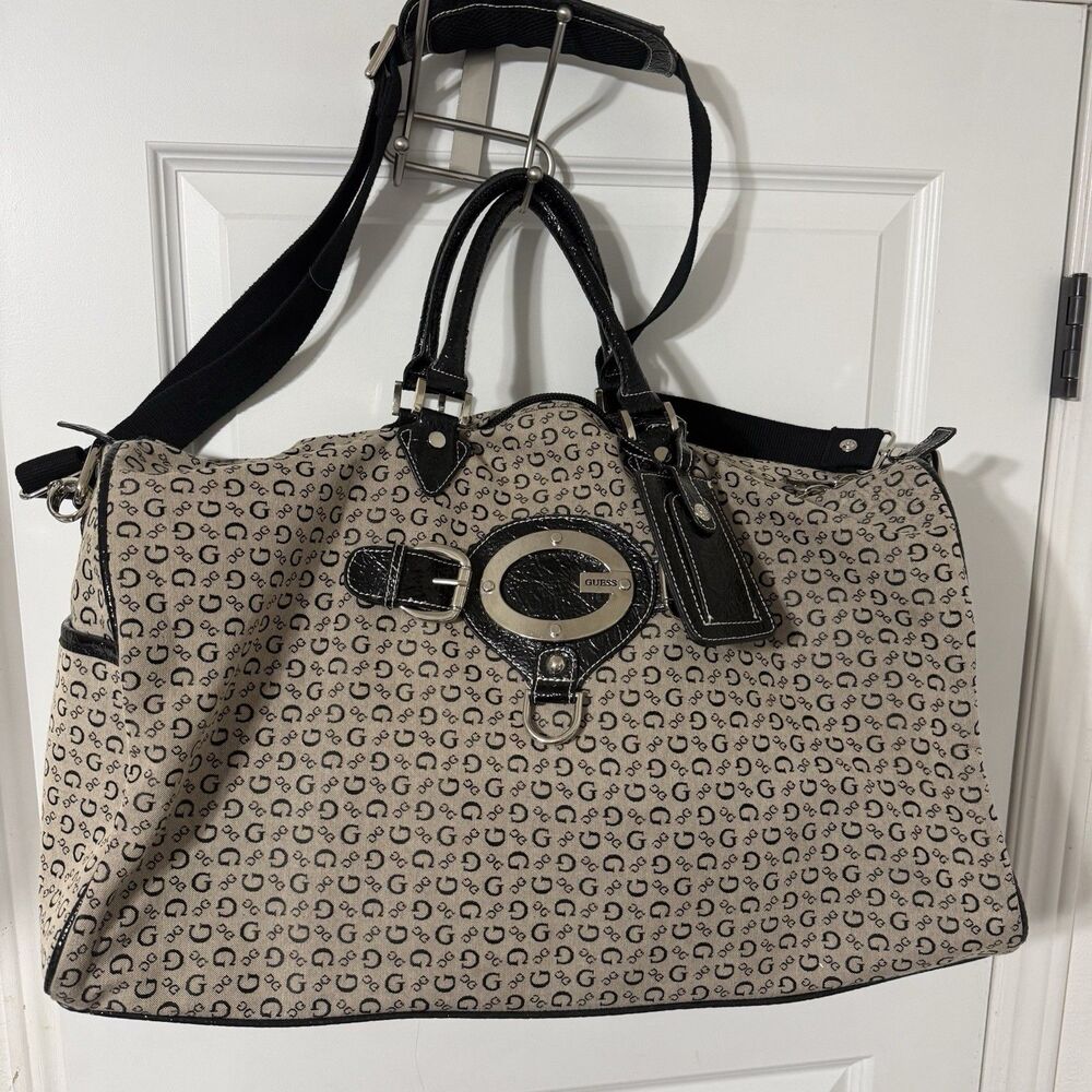 Guess Monogram Duffel Bag Y2K Big G Travel Weekender Black Faux Croc Trim 22"